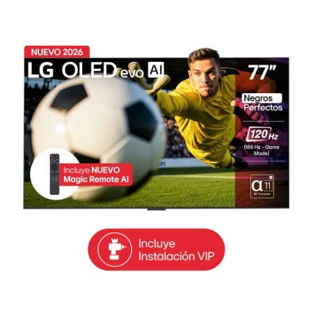 Vista frontal de TV LG 77” OLED evo AI C6 – Gran formato con inteligencia AI OLED77C6PSA